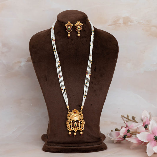 Antique Indian Jewelry Set Traditional Gold Plated Beaded Long Necklace set with Earrings/Bridal Wear/South indian Jewelry/Wedding Jewelry/Gift for Her
