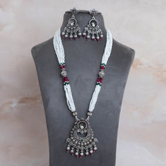 Antique Indian Jewelry Set Traditional Oxidized Beaded Long Necklace set with Earrings/Bridal Wear/South indian Jewelry/Wedding Jewelry/Gift for Her