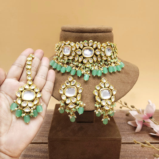 Light Pink / Green / Mint Green / Dark Gray / White / Maroon Beaded Kundan Choker Set / Handmade Necklace Set / Festive Necklace Set