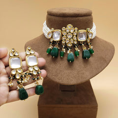 Handmade Green / Dark Peach Glass Beaded Kundan Choker Set/Jewelry Set/Festive Necklace Set