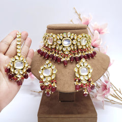 Light Pink / Green / Mint Green / Dark Gray / White / Maroon Beaded Kundan Choker Set / Handmade Necklace Set / Festive Necklace Set