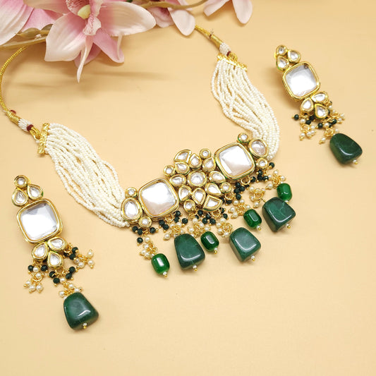 Handmade Green / Dark Peach Glass Beaded Kundan Choker Set/Jewelry Set/Festive Necklace Set