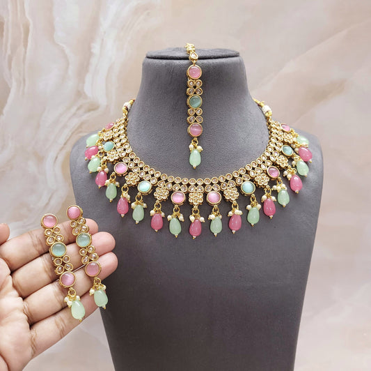 Indian CZ & Monalisa Stone Beaded Bridal Set/Festive Jewelry Set/Mint-Pink Colored Jewelry Set/Partywear Necklace Set/Weddings Necklace Set