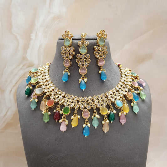 Indian CZ & Monalisa Stone Beaded Bridal JewelrySet/Festive Jewelry Set/Multicolored Jewelry Set/Partywear Necklace Set/Wedding Necklace Set