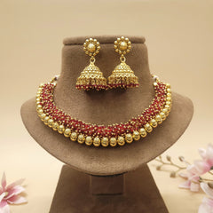 Cluster Necklace Set/Indian Jewelry Set/Jhumki Earrings Necklace Set/Gold/Pearl/Green/Red Necklace Set