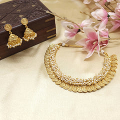 Indian Temple Jewelry Set/Jhumki Earrings Necklace Set/Cluster Necklace Set/Gold/Pearl Necklace Set