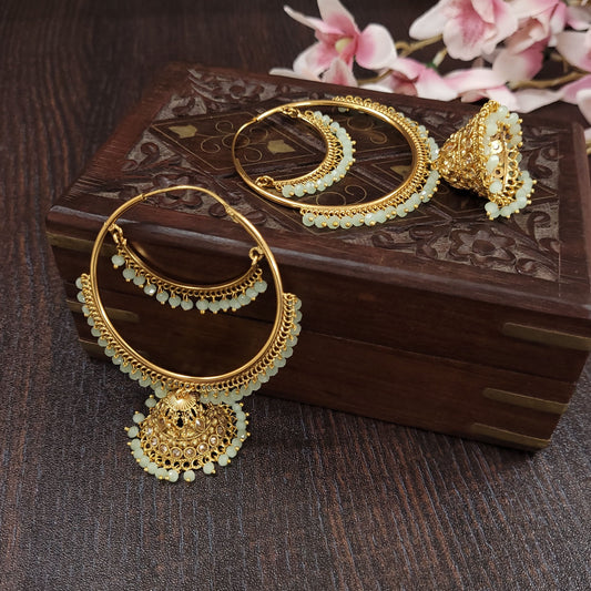 Gold Plated Antique Hoop Earrings/Gold Hoop Jhumka Earrings/Kundan Chandbali Jhumkas/Punjabi Earrings/Indian Earrings/Mint/Peach