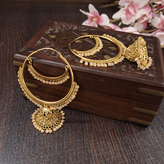 Gold Plated Antique Hoop Earrings/Gold Hoop Jhumka Earrings/Kundan Chandbali Jhumkas/Punjabi Earrings/Indian Earrings/Mint/Peach
