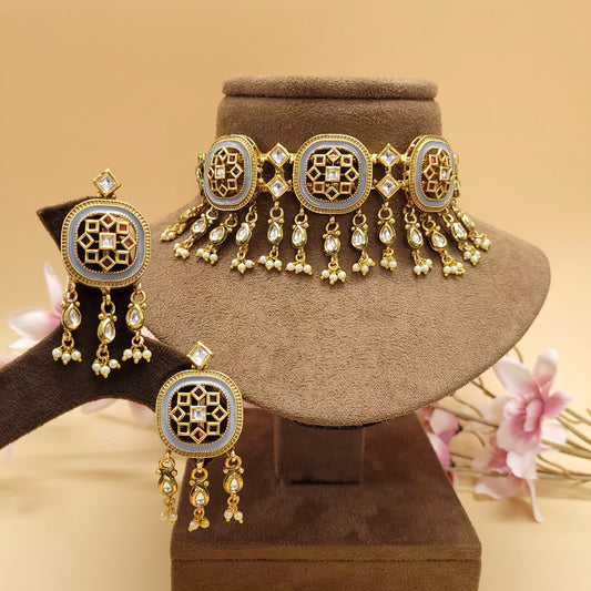 Meenakari Necklace Set/Indian Jewelry Set/Indo Western Necklace Set/Gift For Her/Partywear Choker Set/Kundan Necklace Set